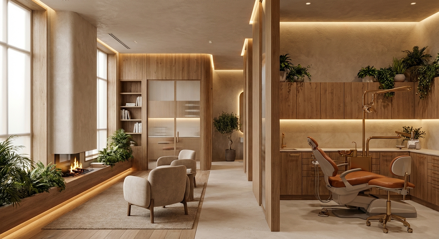 Уютный интерьер стоматологической клиники с теплым освещением и комфортной атмосферой